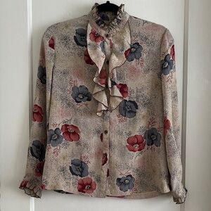 Vintage 80s Ruffle Front Floral Blouse Top Jewel Tone Button Front XS/S